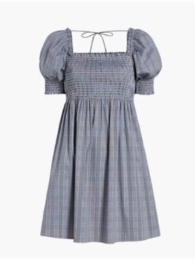 Hill House Athena Gray Blue Plaid Puff Sleeve Smocked Mini Nap Dress size XS